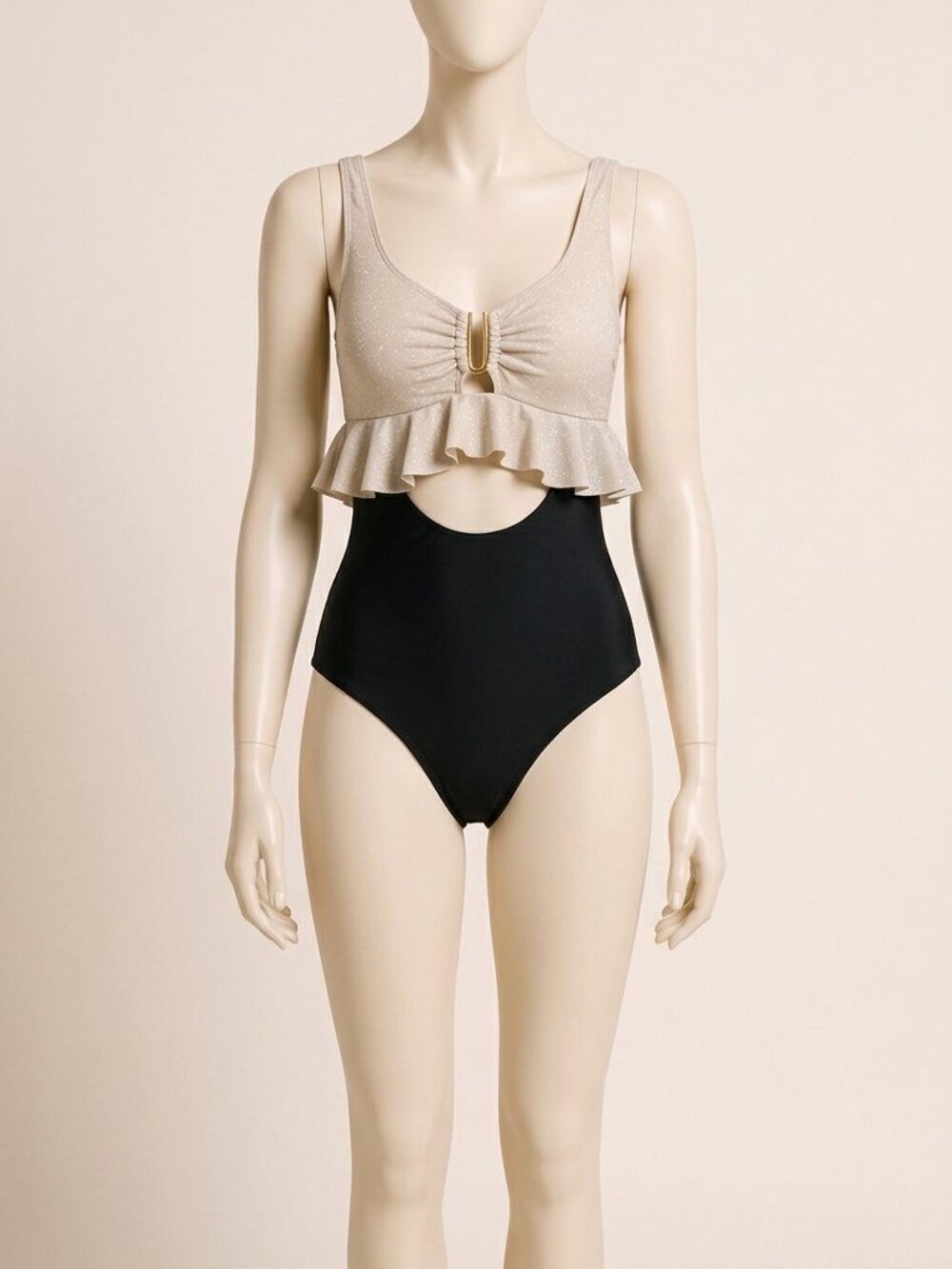 B2prity Beige Black V-Neck Ruffle One Piece Swimsuit Size L New Sealed